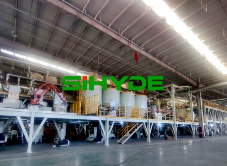 山东密封胶自动配料生产线+机器人码垛系统